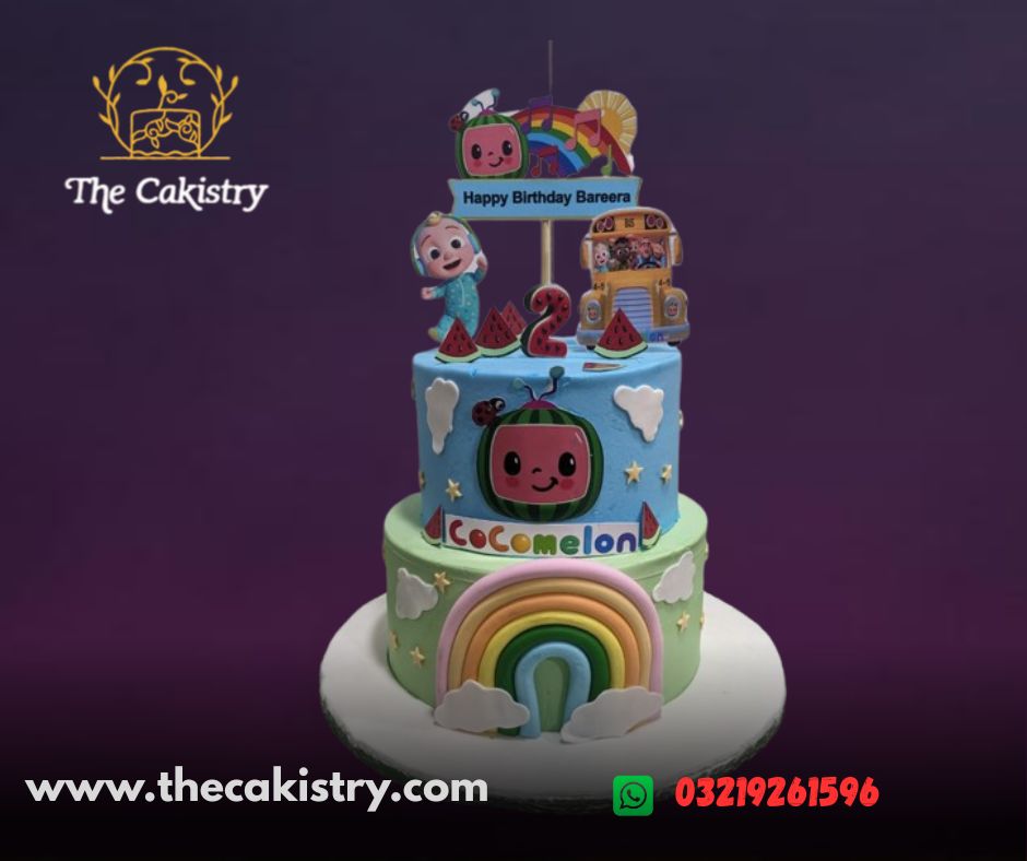 A custom Cocomelon lover birthday cake with fondant decorations of JJ and his friends on a blue and yellow tiered cake from The Cakistry - frontal