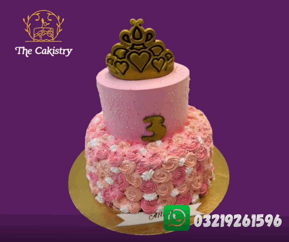 Pink birthday cake and crown on a purple background, featuring The Cakistry logo.