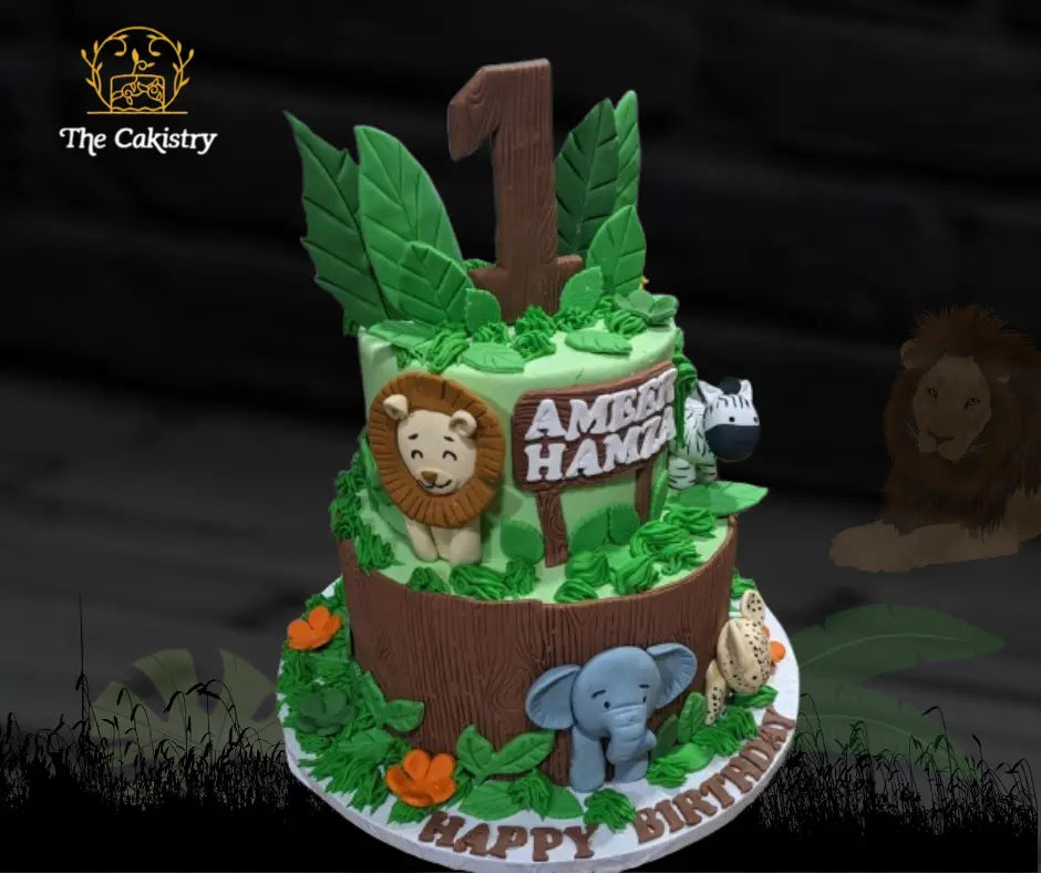 Vibrant jungle animal two-tiers cake for a Wild One theme birthday party, featuring detailed fondant wild animal friends like an elephant, lion, and monkey.