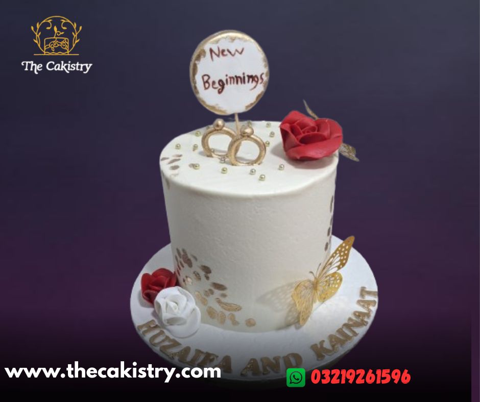 A minimalist white engagement cake from The Cakistry, Karachi