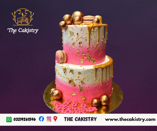 2-tiered Cake with Golden Balls and Macaroons from The Cakistry