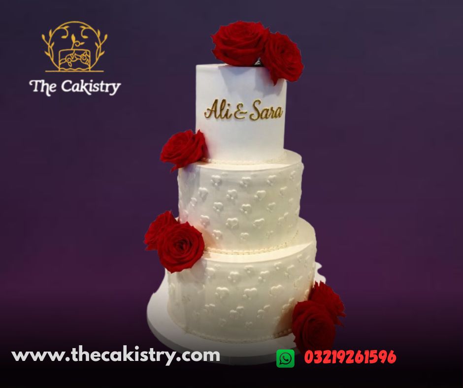 3 Step Wedding Cake in white with red roses from The Cakistry - frontal