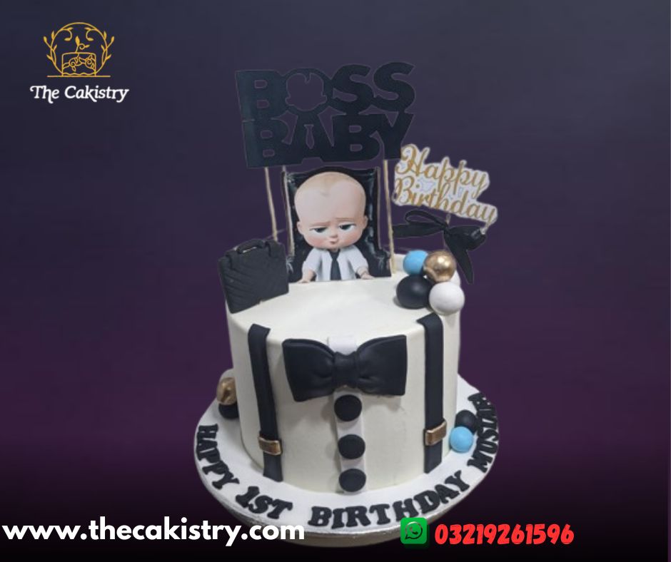 Baby Boss theme cake in black From The Cakistry - Frontal