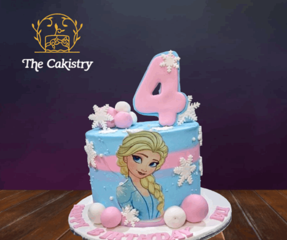 Frozen-themed birthday cake with number 4 on a dark background, featuring 'The Cakistry' logo.