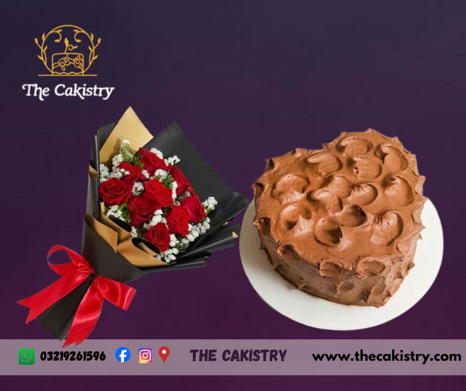 Heart Shaped Malt Cake and Bouquet Combo from The Cakistry