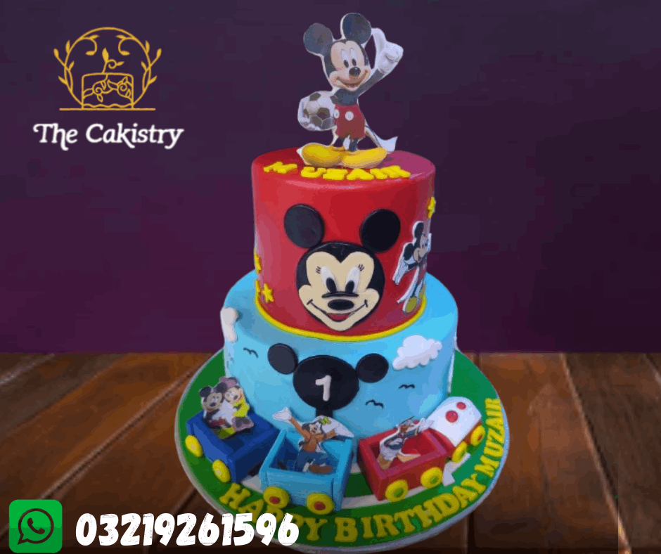 Two-tier birthday cake with Mickey Mouse design