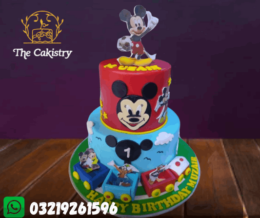 Two-tier birthday cake with Mickey Mouse design