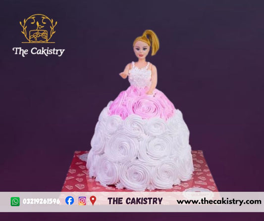Doll theme cake in pink and white from The Cakistry
