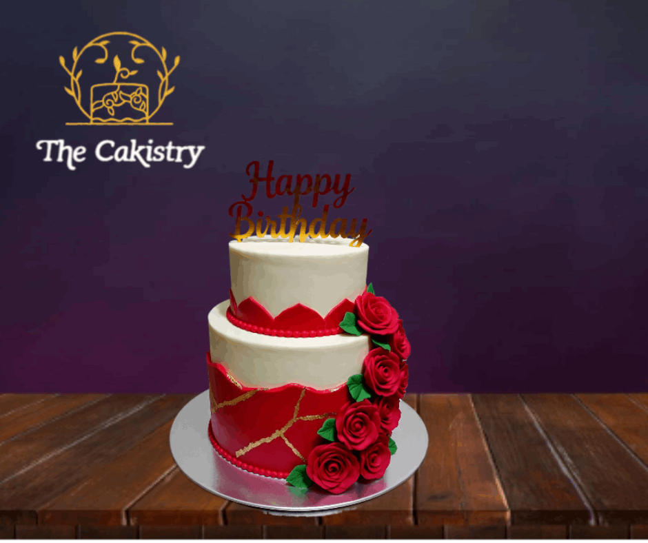Red and White Theme 2 tier Birthday Cake and Golden Topper from The Cakistry - frontal
