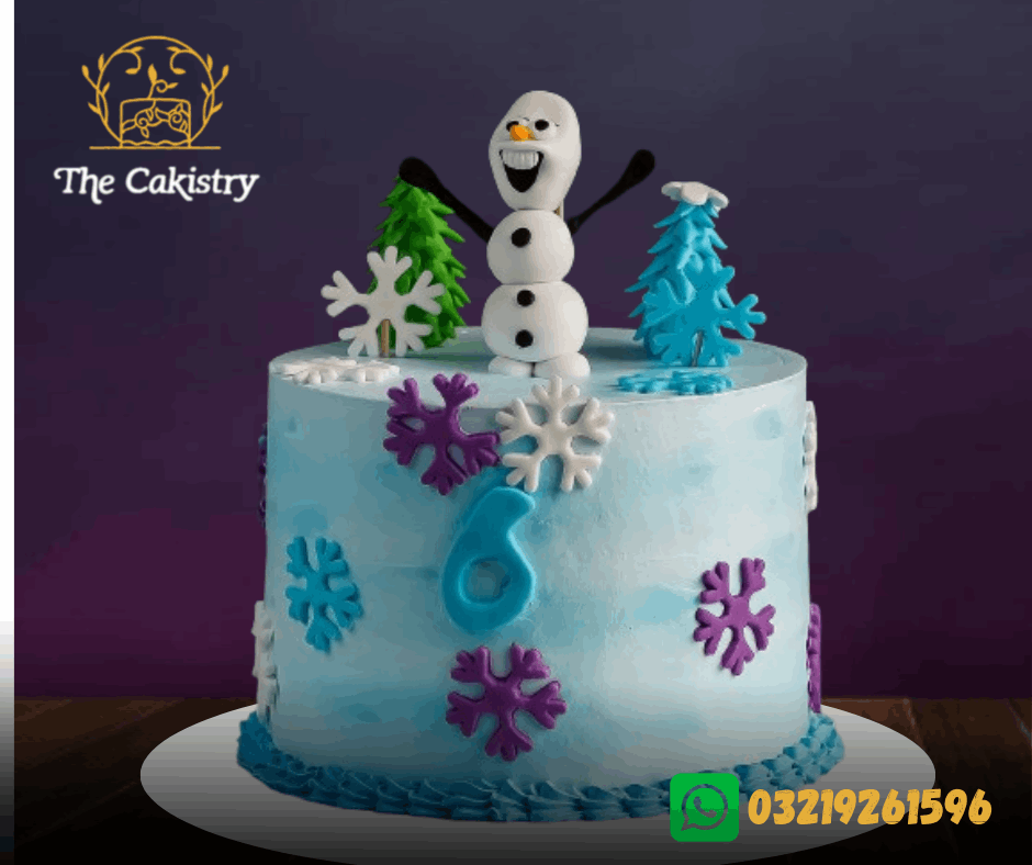Birthday cake with Frozen themed decoration and Olaf, branded 'The Cakistry'.
