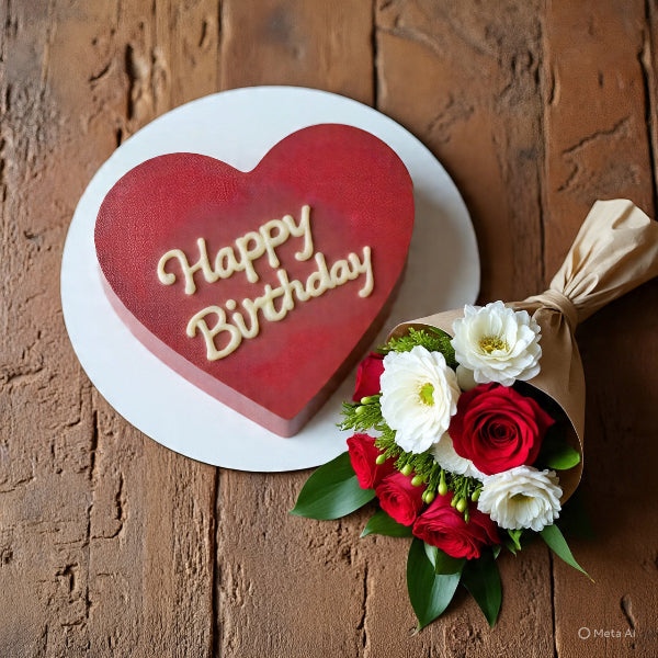 red heart shaped cake, gift, flower, boquet
